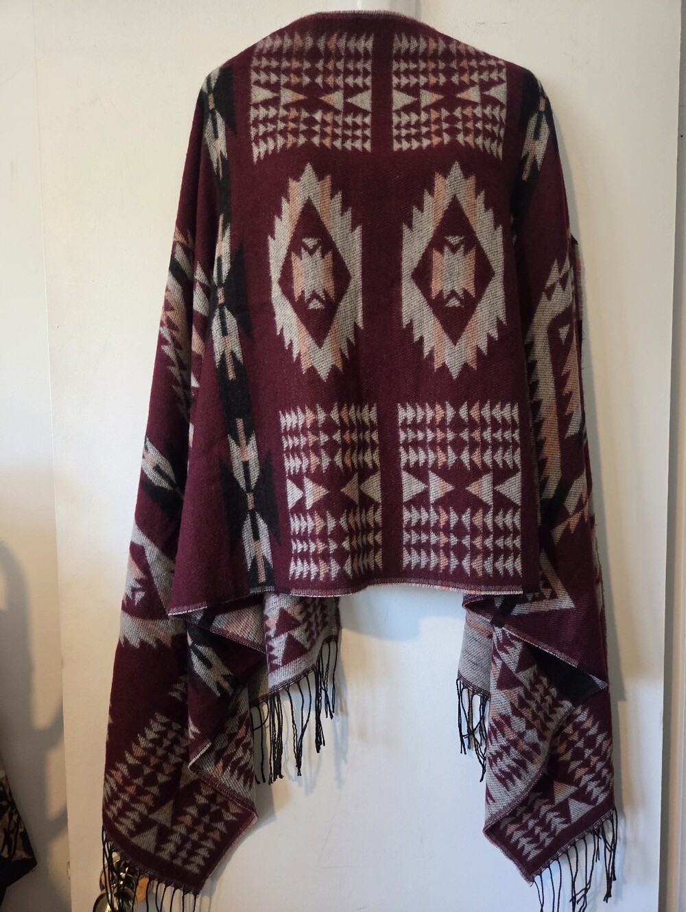 Burgundy Aztec Print Fringe Wrap